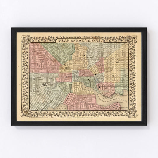 Vintage Map of Baltimore, Maryland 1870