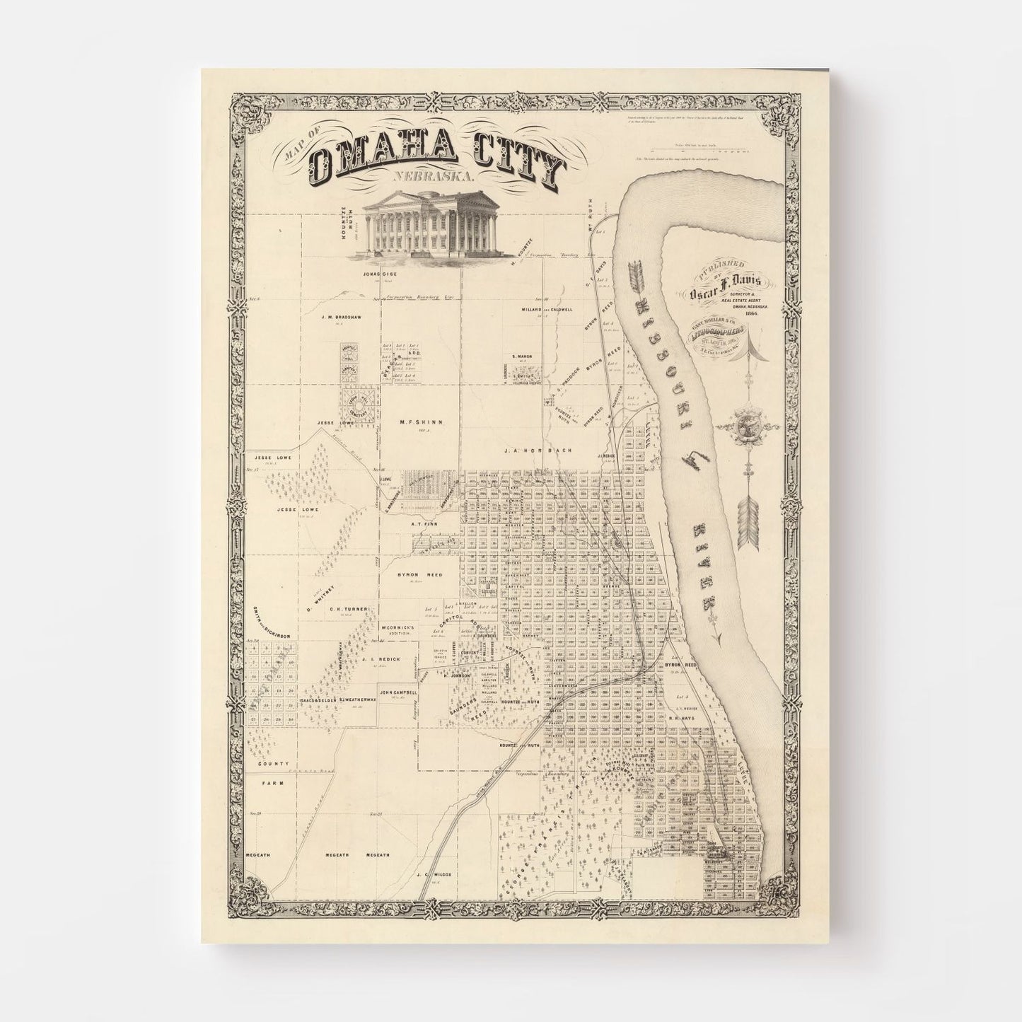 Vintage Map of Omaha, Nebraska 1866
