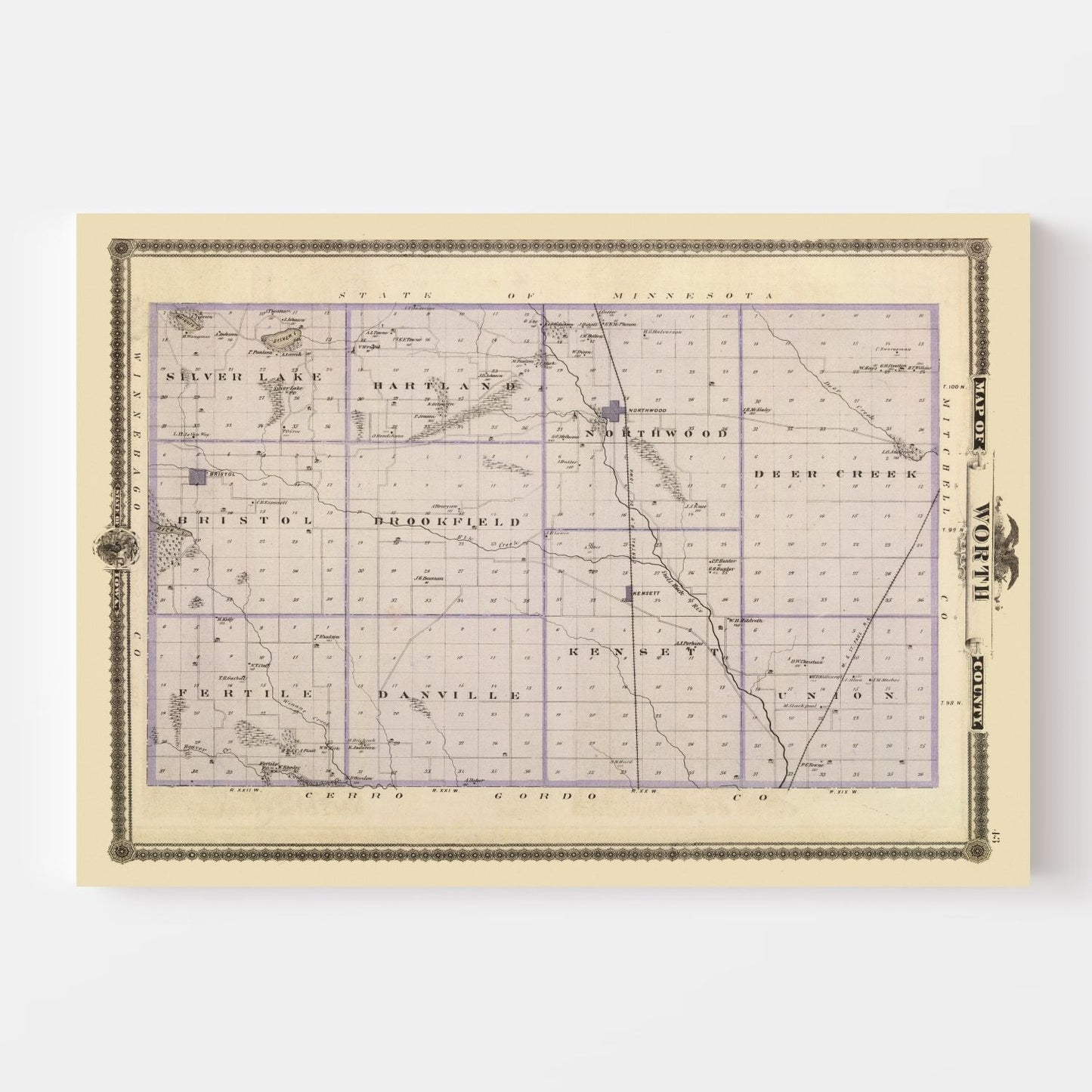 Vintage Map of Worth County, Iowa 1875