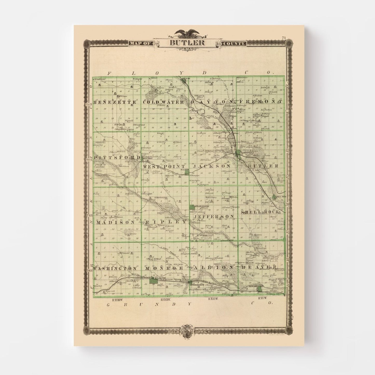 Vintage Map of Butler County, Iowa 1875