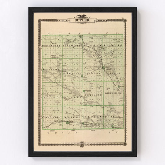 Vintage Map of Butler County, Iowa 1875