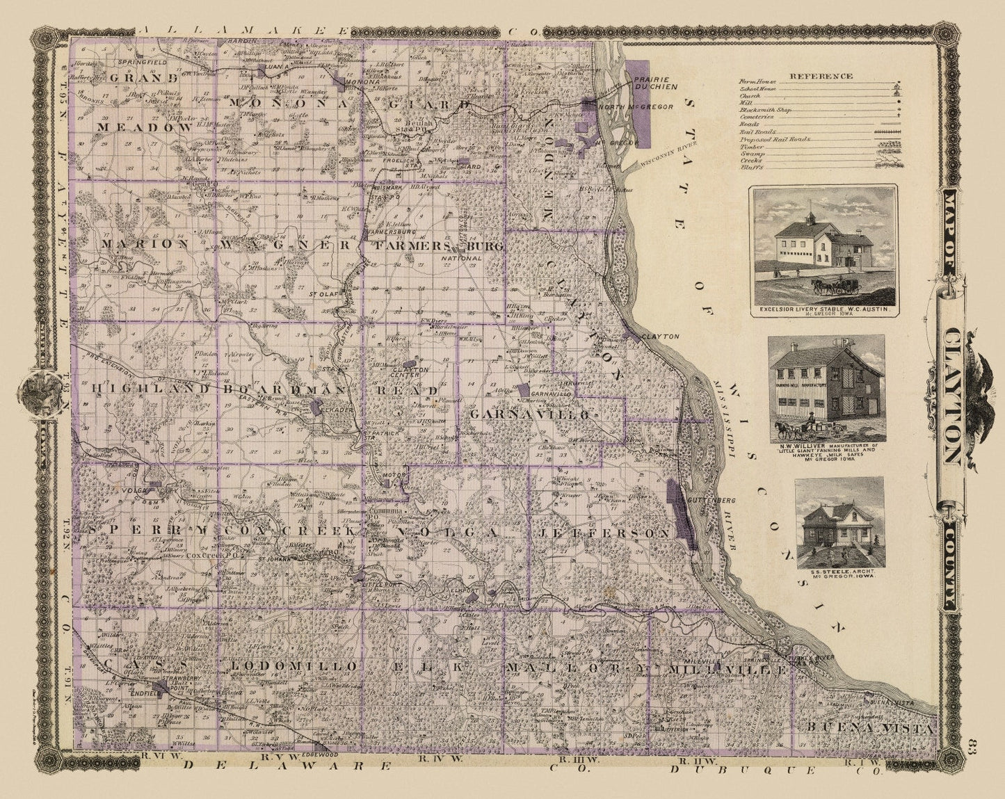 Vintage Map of Clayton County, Iowa 1875