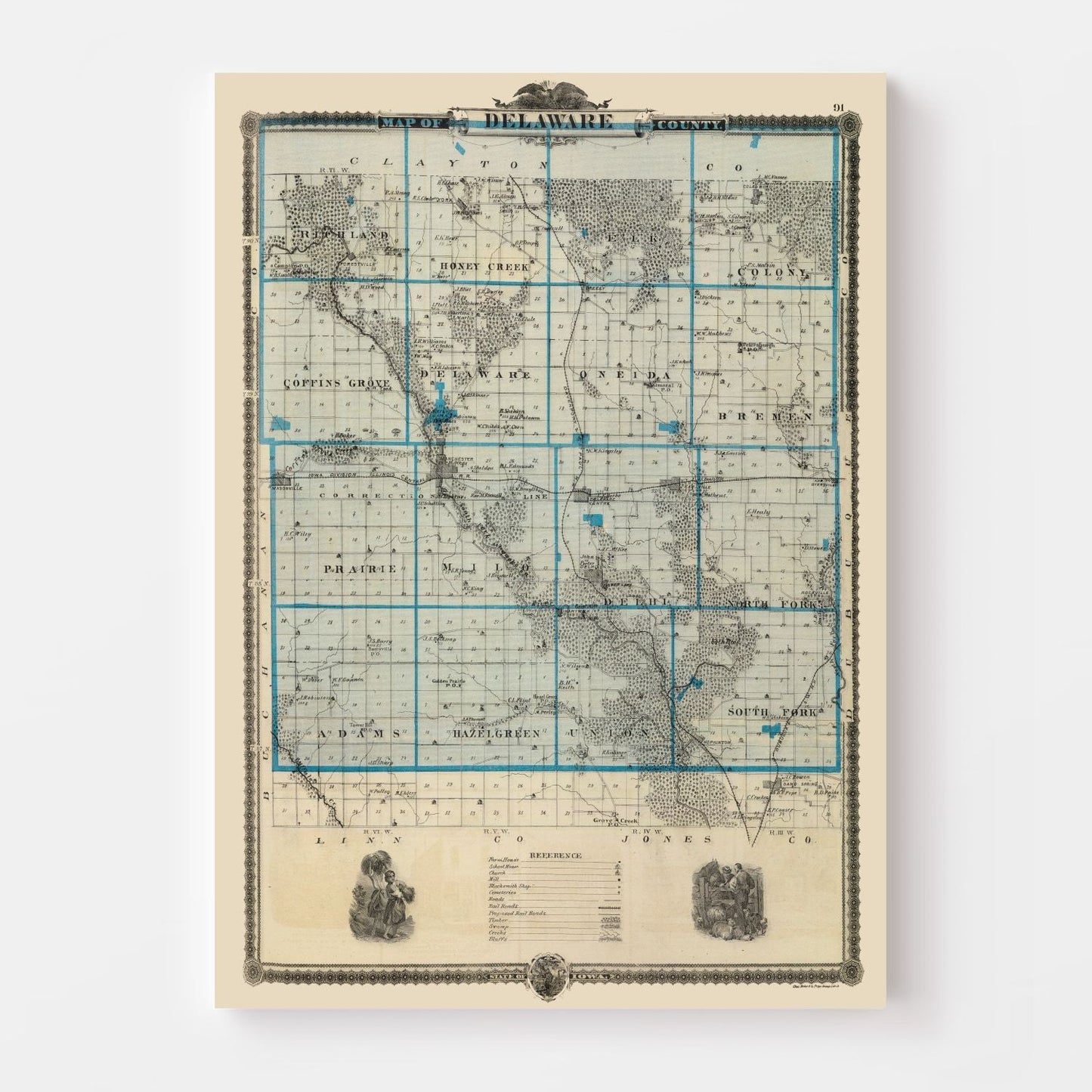 Vintage Map of Delaware County, Iowa 1875