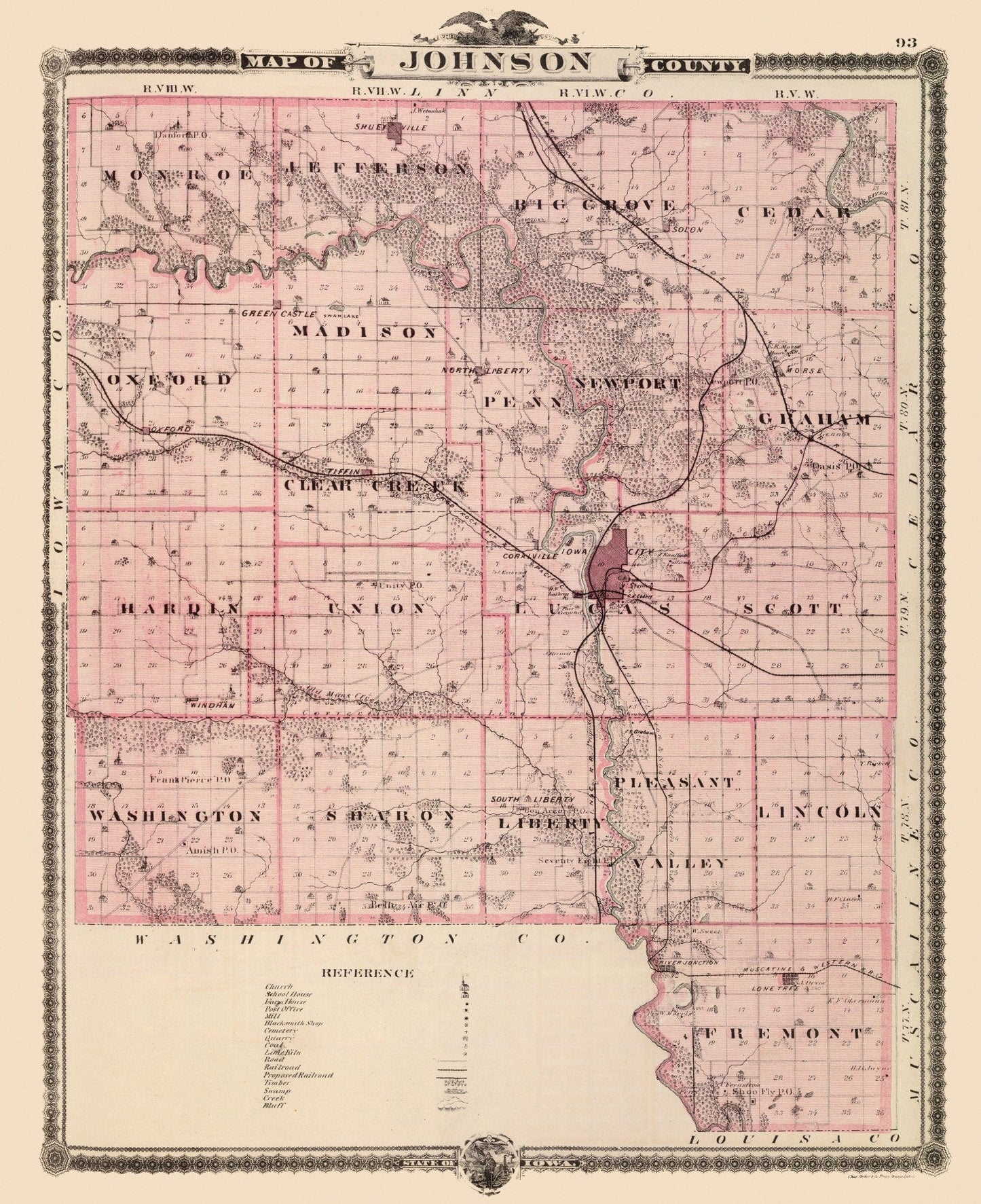Vintage Map of Johnson County, Iowa 1875