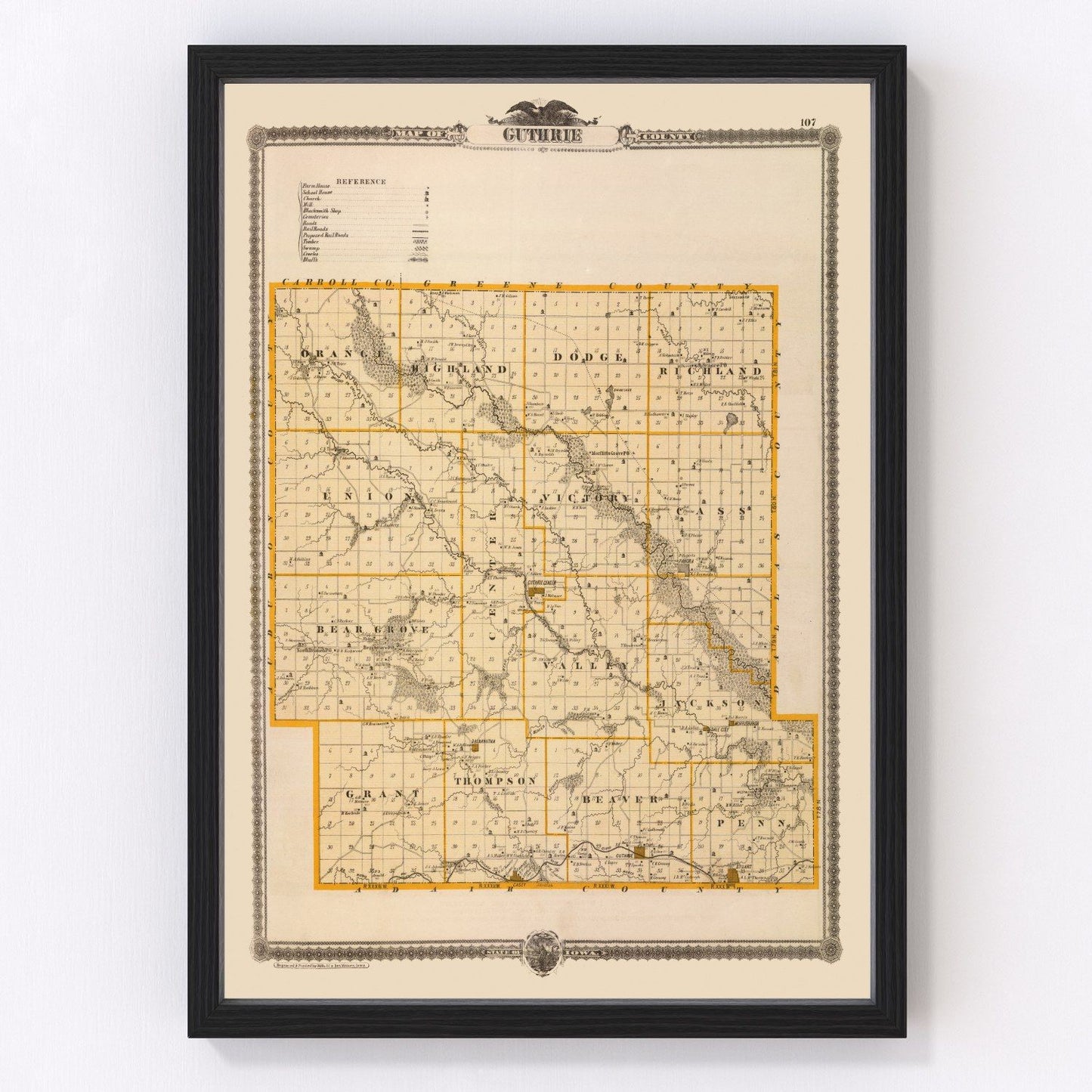 Vintage Map of Guthrie County, Iowa 1875