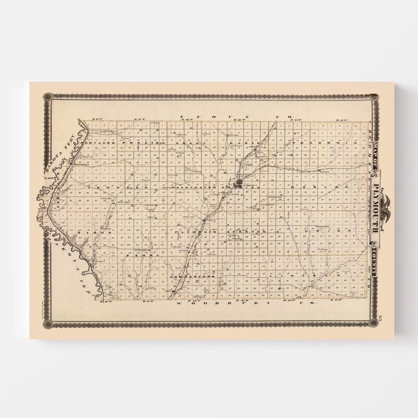 Vintage Map of Plymouth County, Iowa 1875