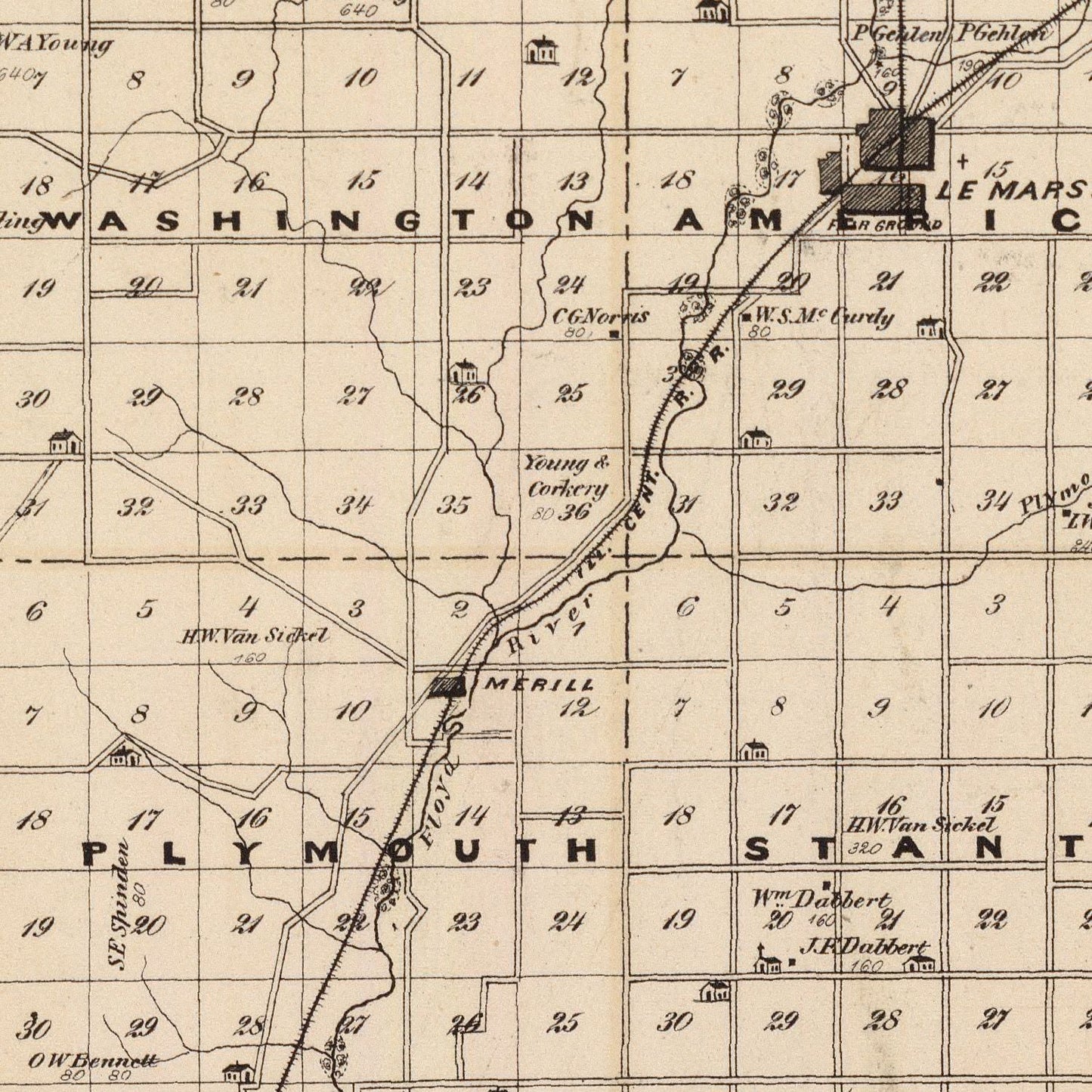 Vintage Map of Plymouth County, Iowa 1875
