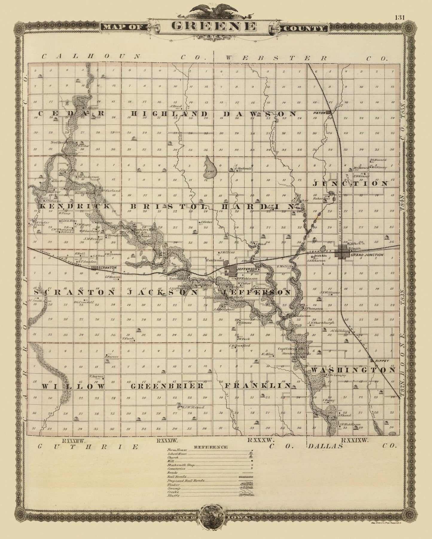Vintage Map of Greene County, Iowa 1875