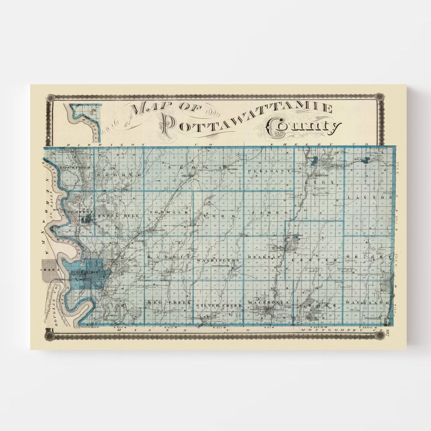 Vintage Map of Pottawattamie County, Iowa 1875