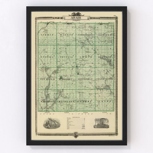 Vintage Map of Adair County, Iowa 1875
