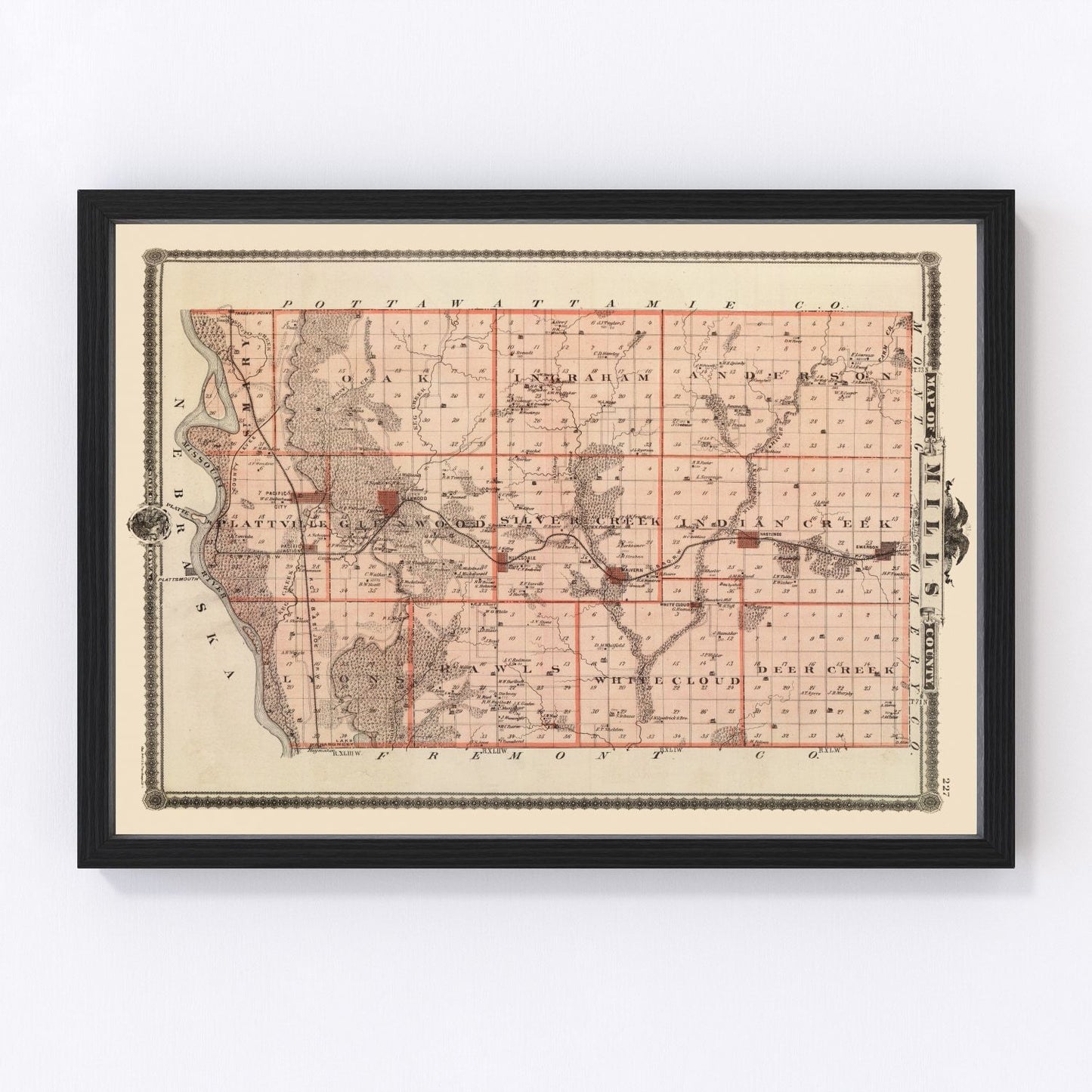 Vintage Map of Mills County, Iowa 1875