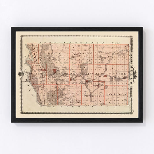 Vintage Map of Mills County, Iowa 1875