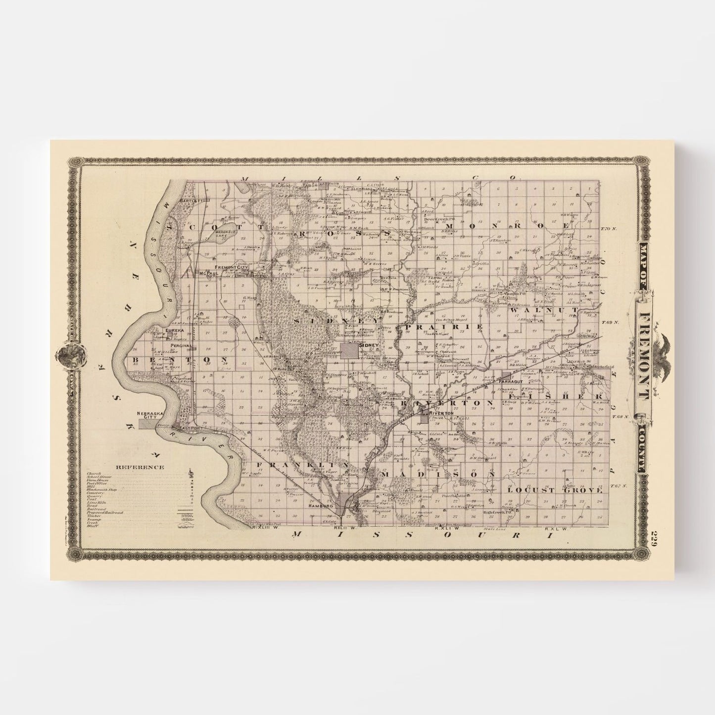 Vintage Map of Fremont County, Iowa 1875