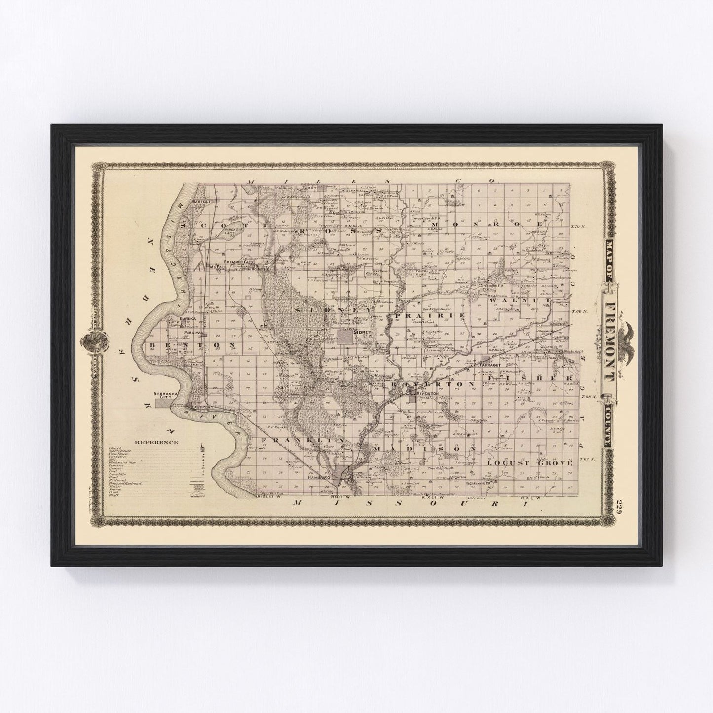 Vintage Map of Fremont County, Iowa 1875