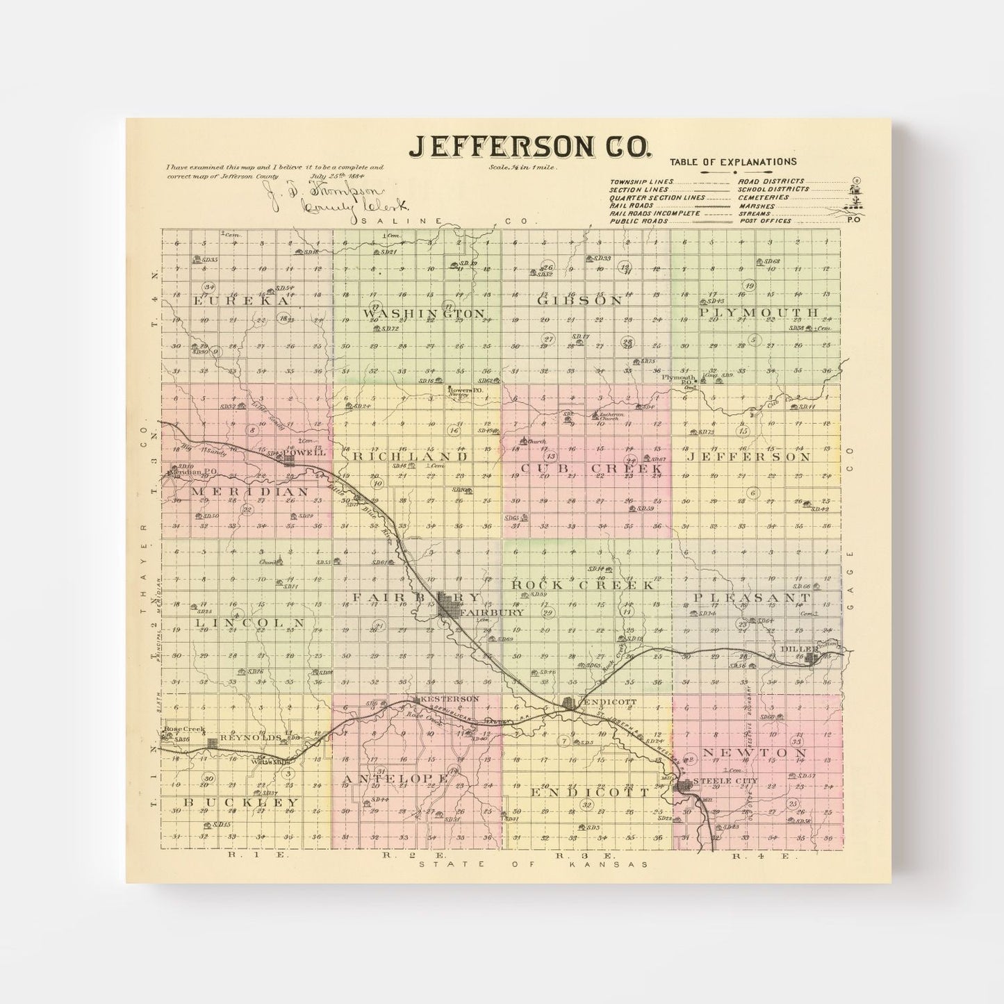 Vintage Map of Jefferson County, Nebraska 1885