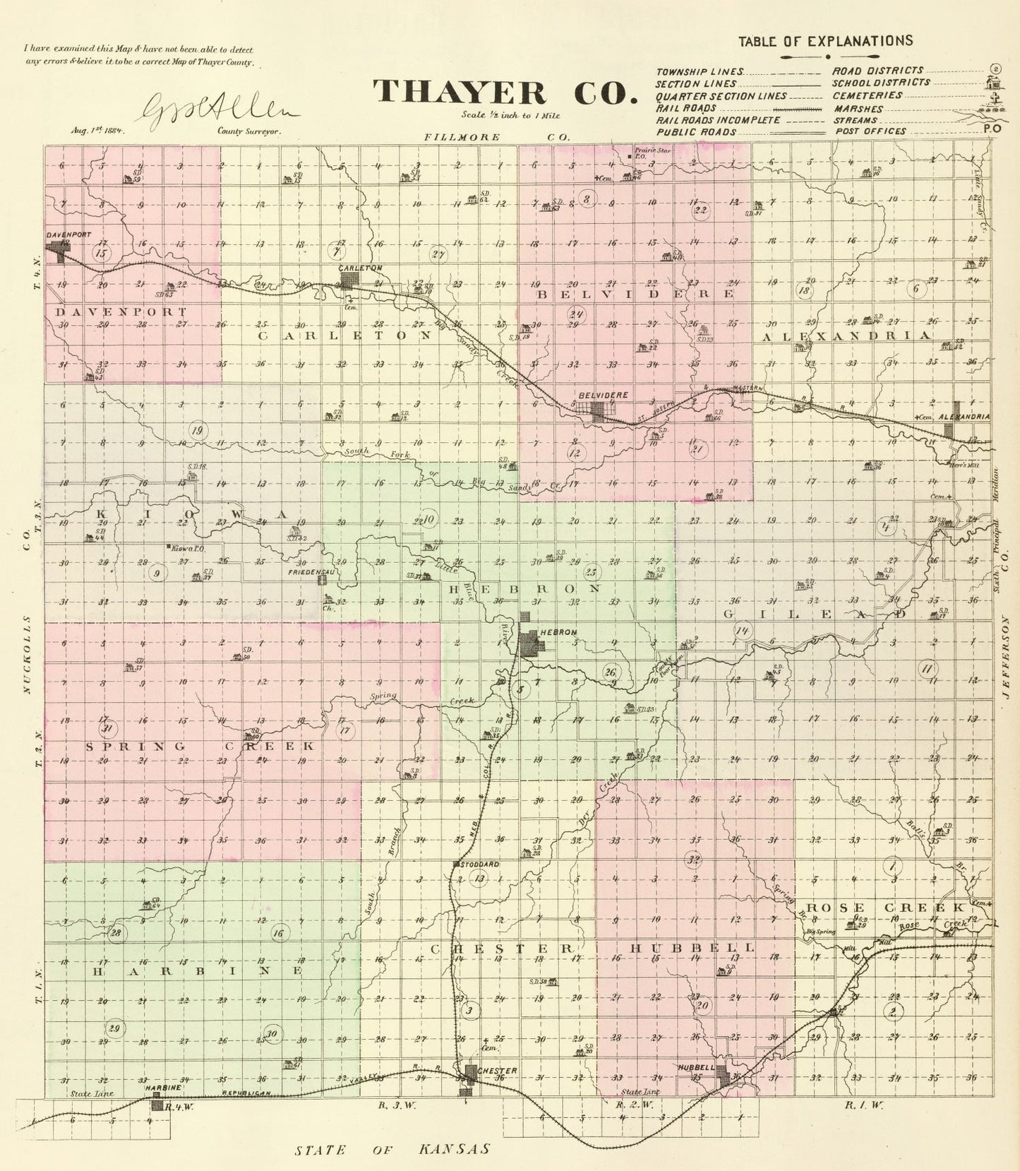 Vintage Map of Thayer County, Nebraska 1885