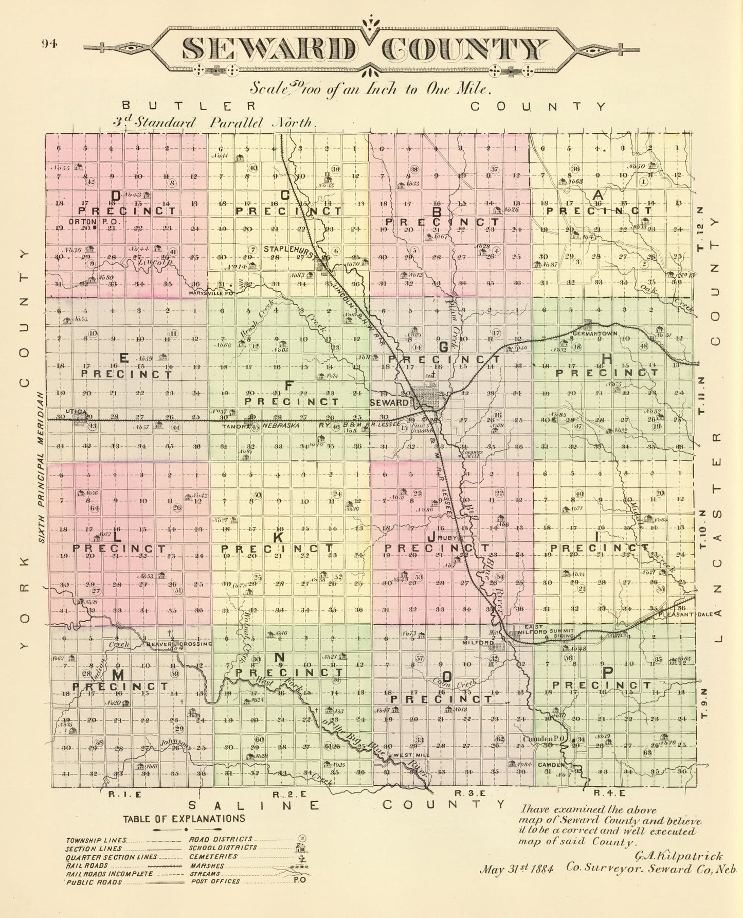 Vintage Map of Seward County, Nebraska 1885