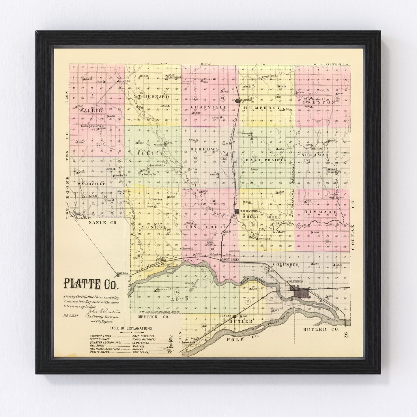 Vintage Map of Platte County, Nebraska 1885