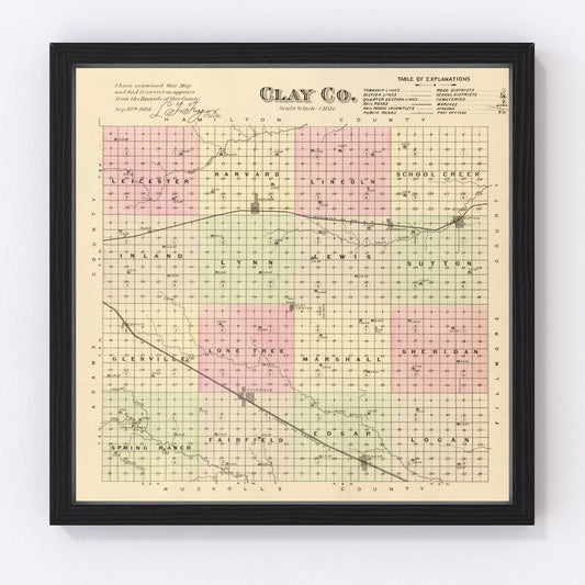 Vintage Map of Clay County, Nebraska 1885