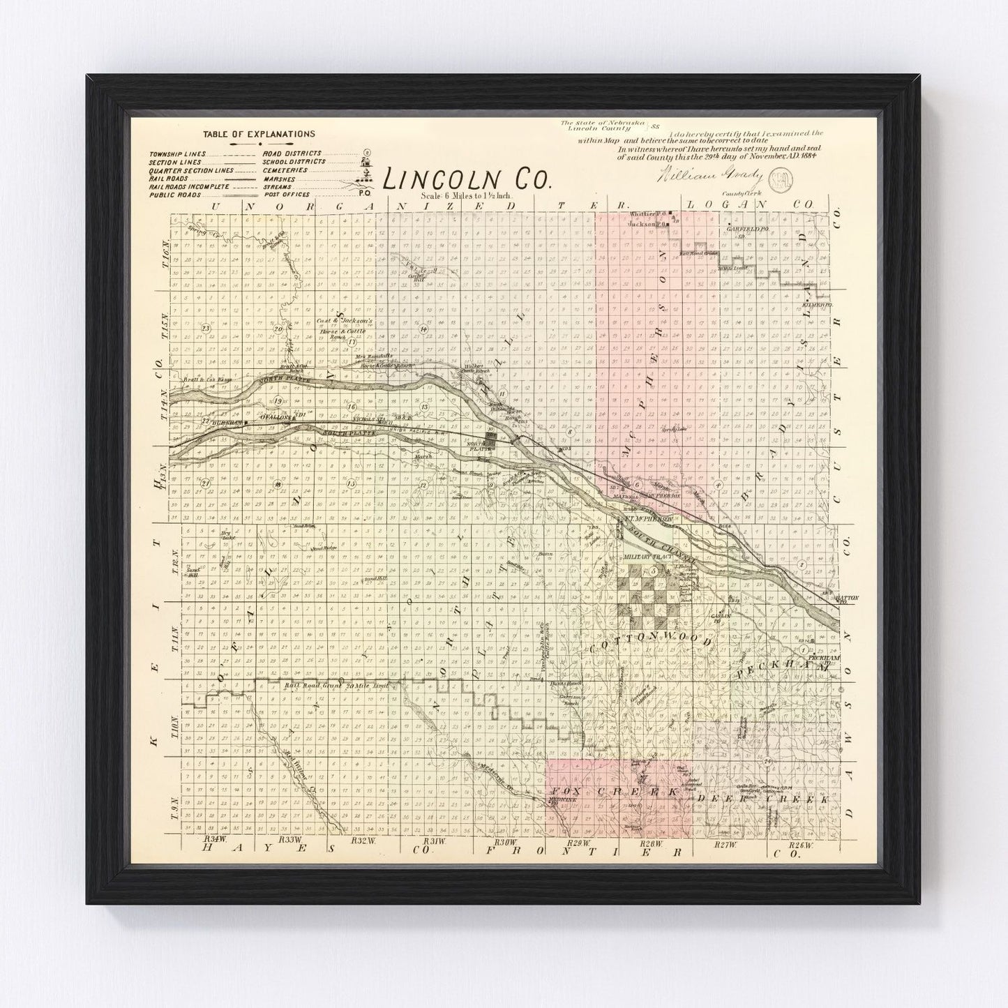 Vintage Map of Lincoln County, Nebraska 1885