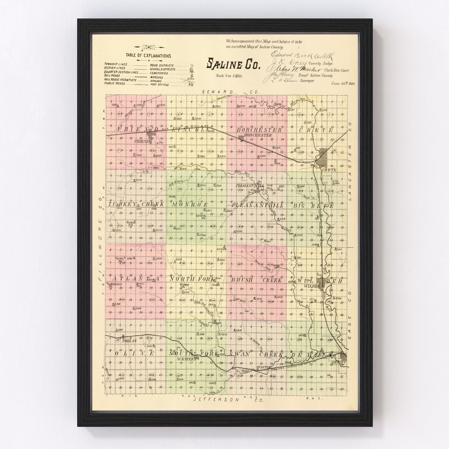 Vintage Map of Saline County, Nebraska 1885