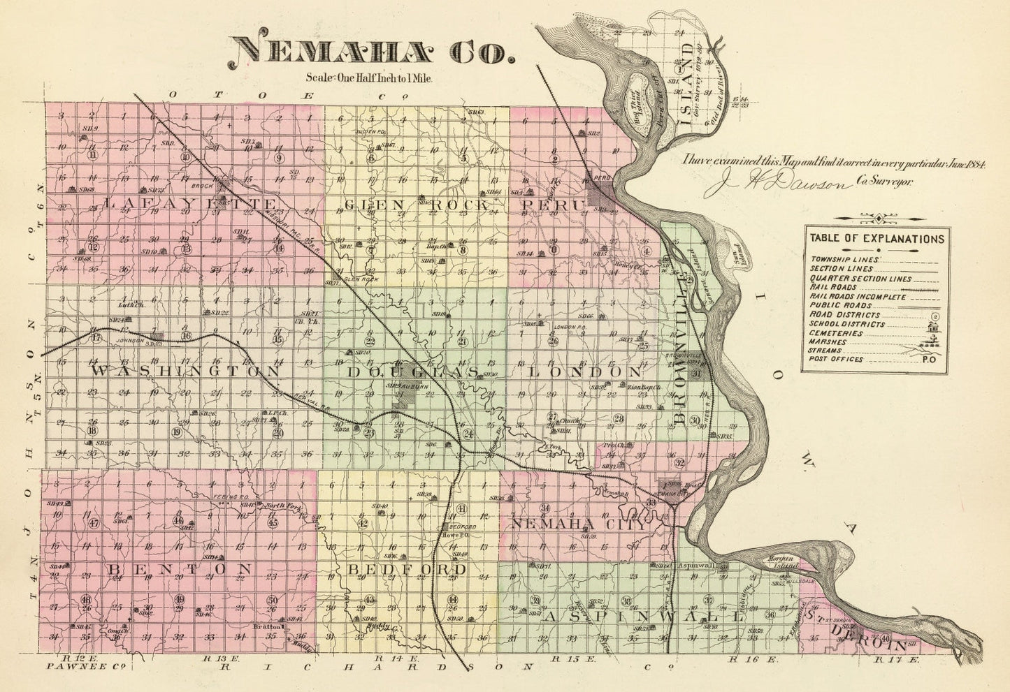 Vintage Map of Nemaha County, Nebraska 1885