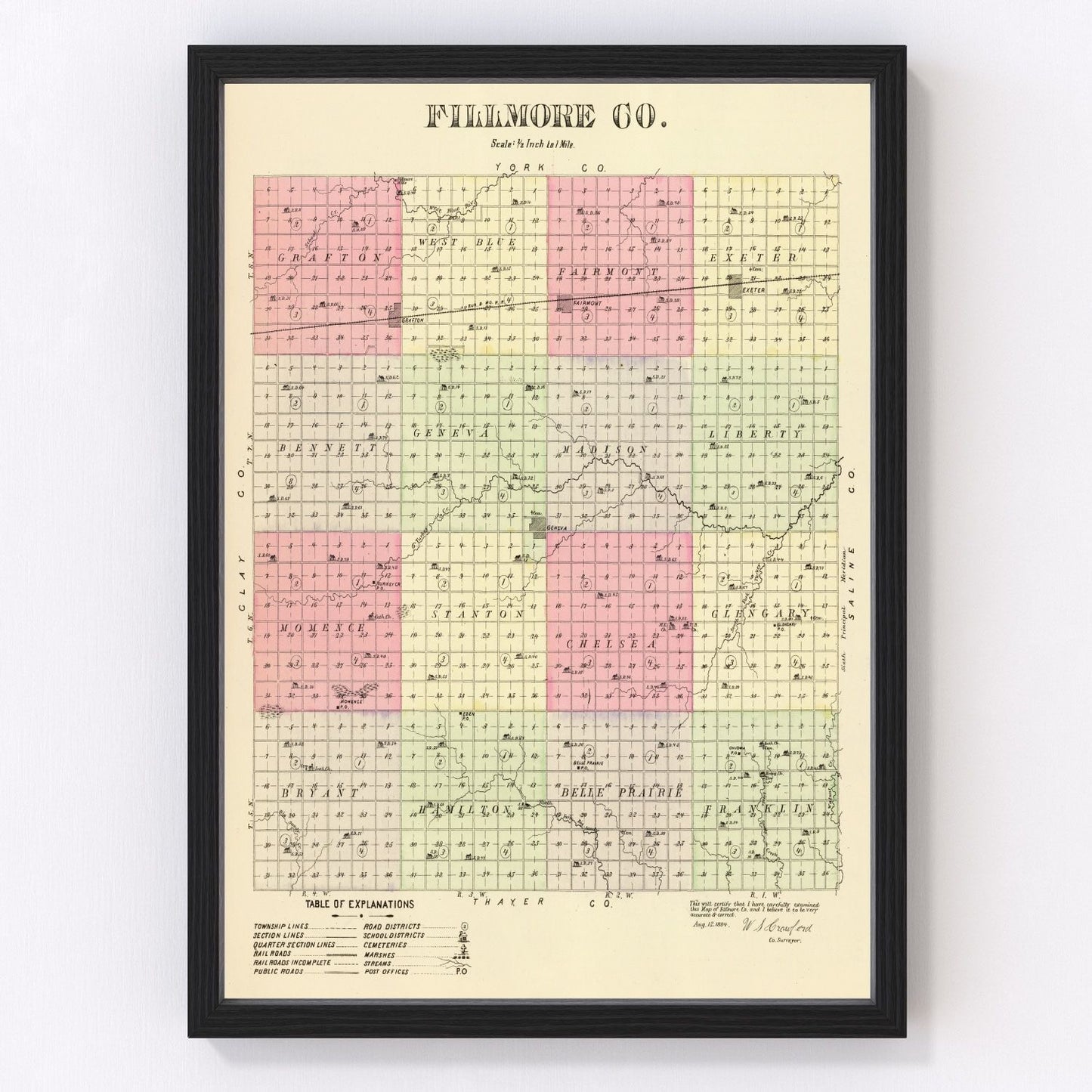 Vintage Map of Fillmore County, Nebraska 1885