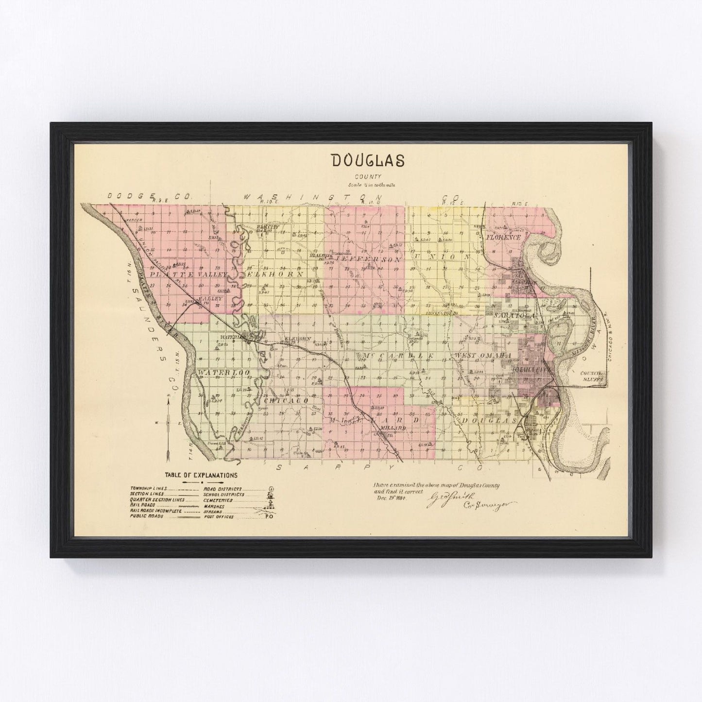 Vintage Map of Douglas County, Nebraska 1885