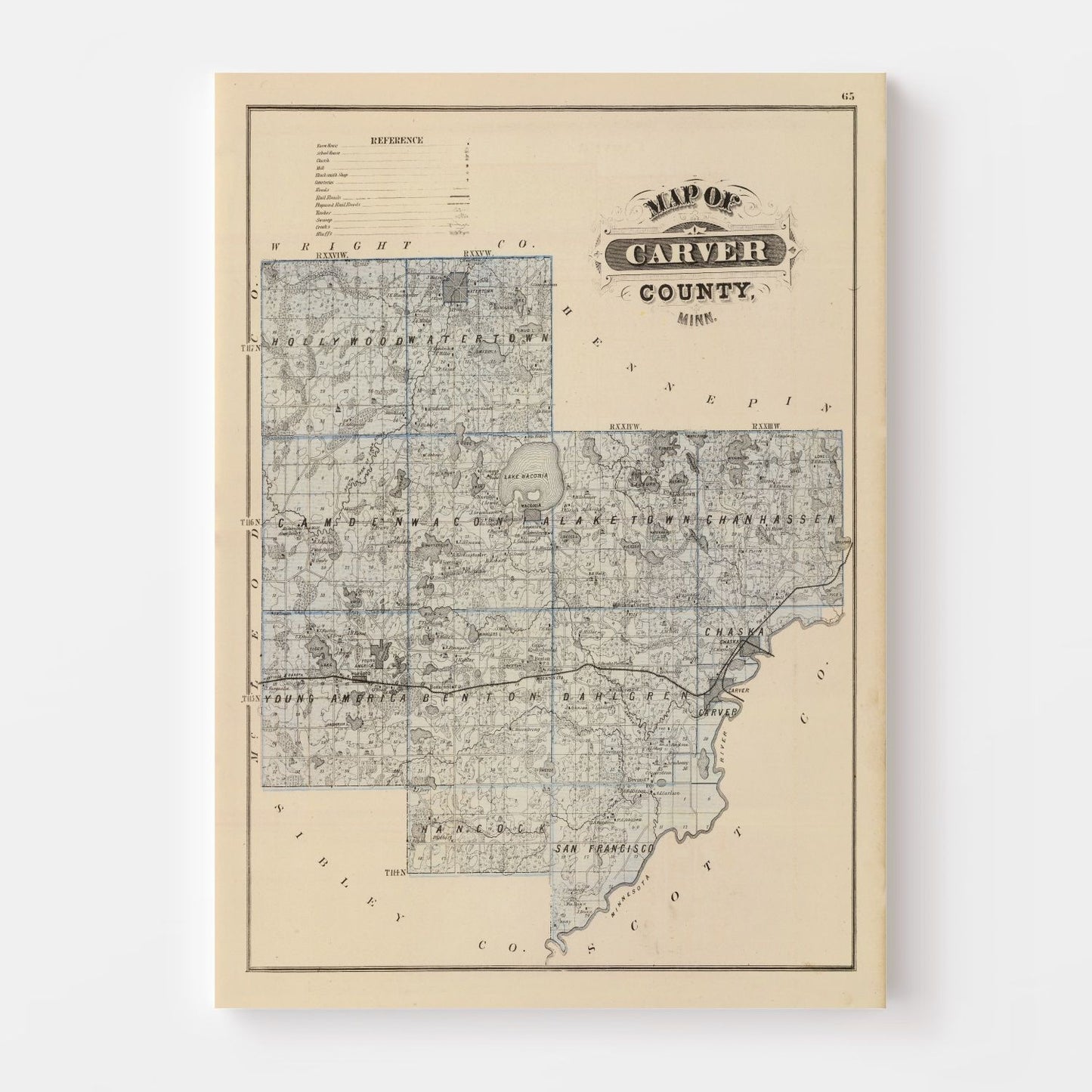 Vintage Map of Carver County, Minnesota 1874