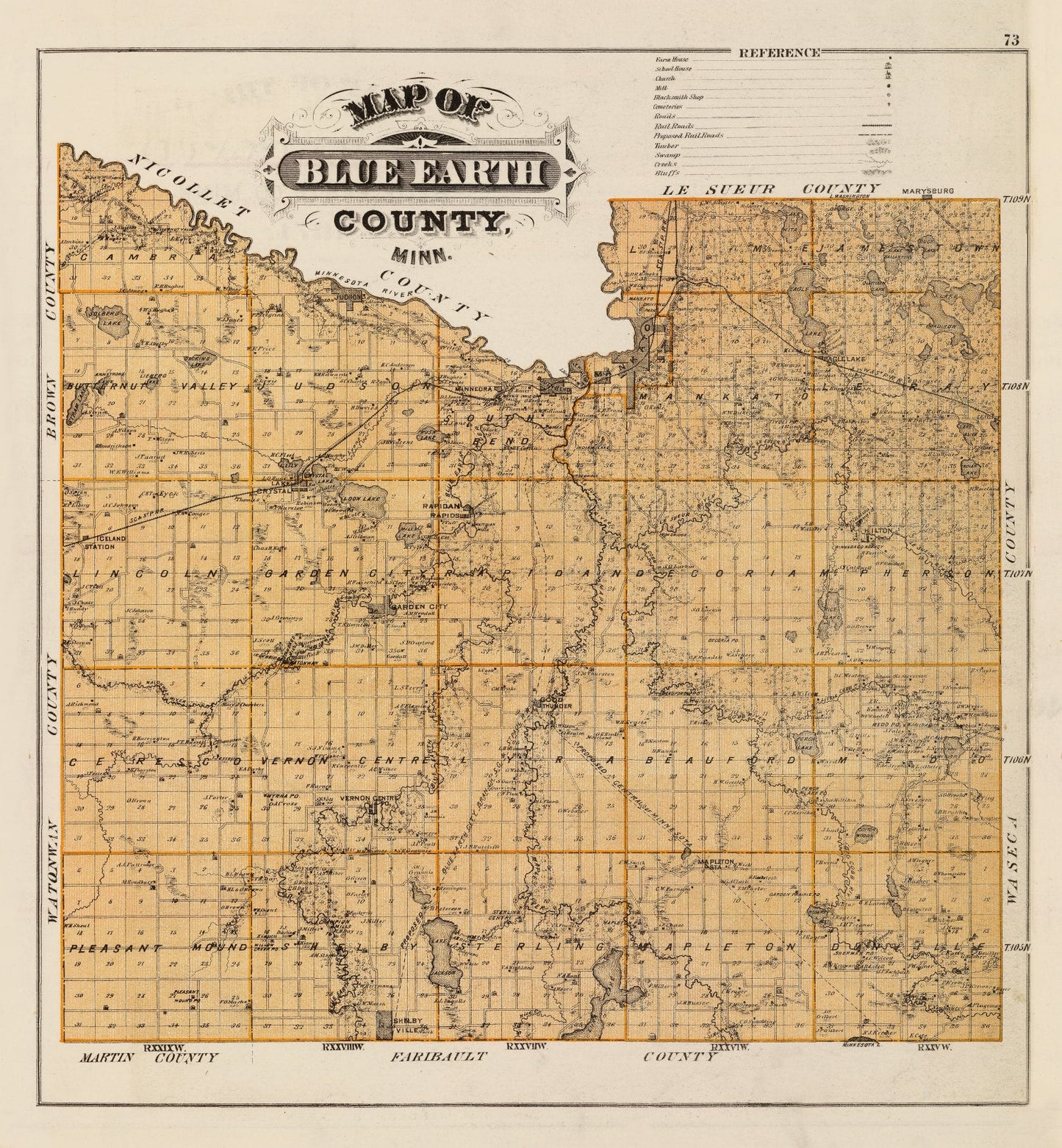 Vintage Map of Blue Earth County, Minnesota 1874