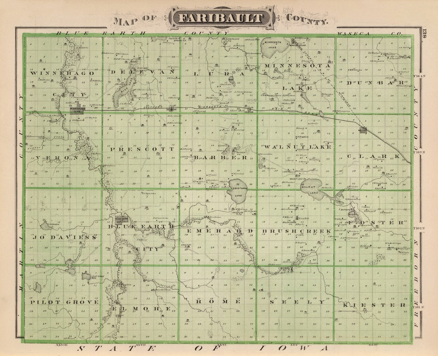 Vintage Map of Faribault County, Minnesota 1874