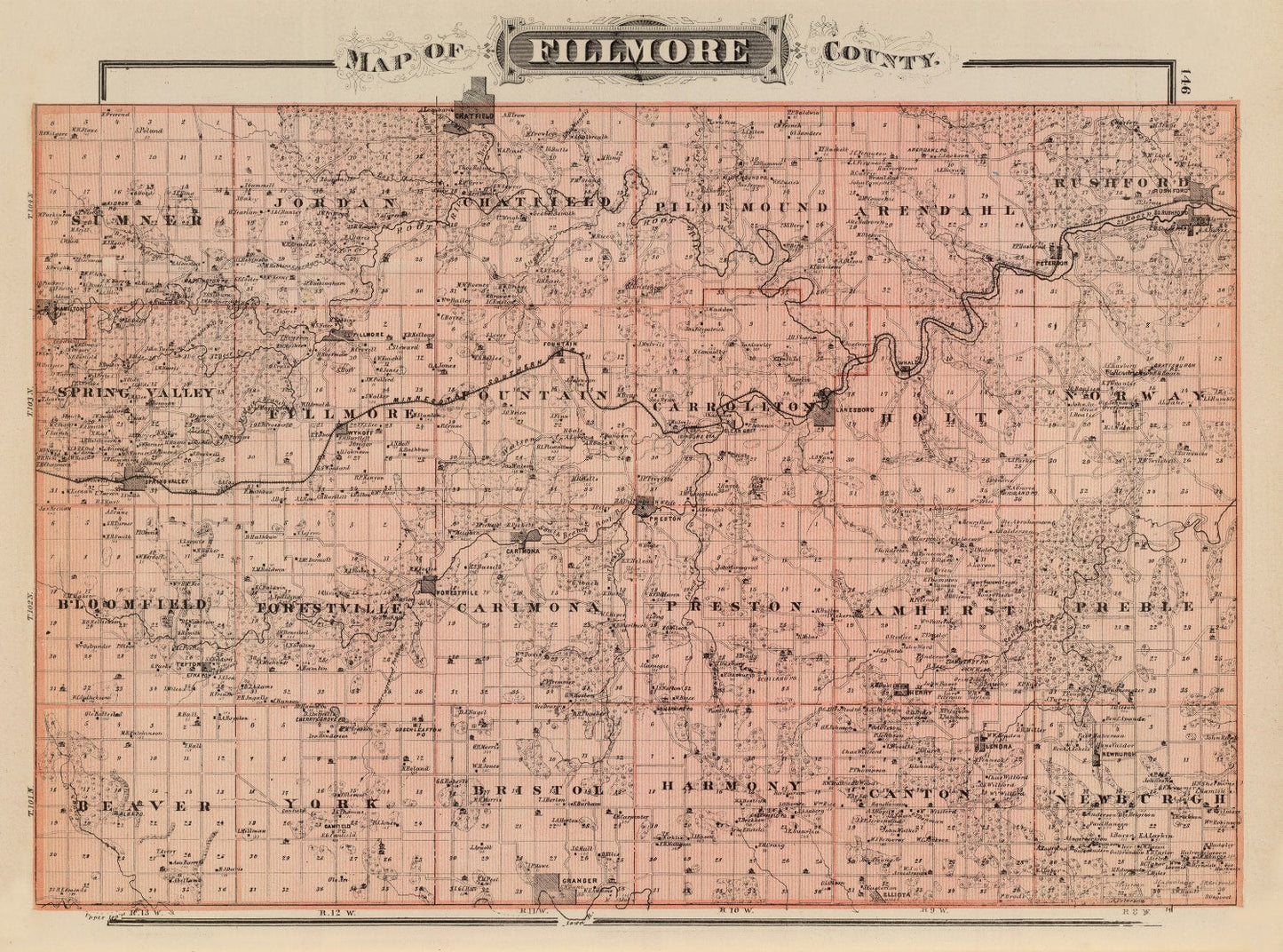 Vintage Map of Fillmore County, Minnesota 1874