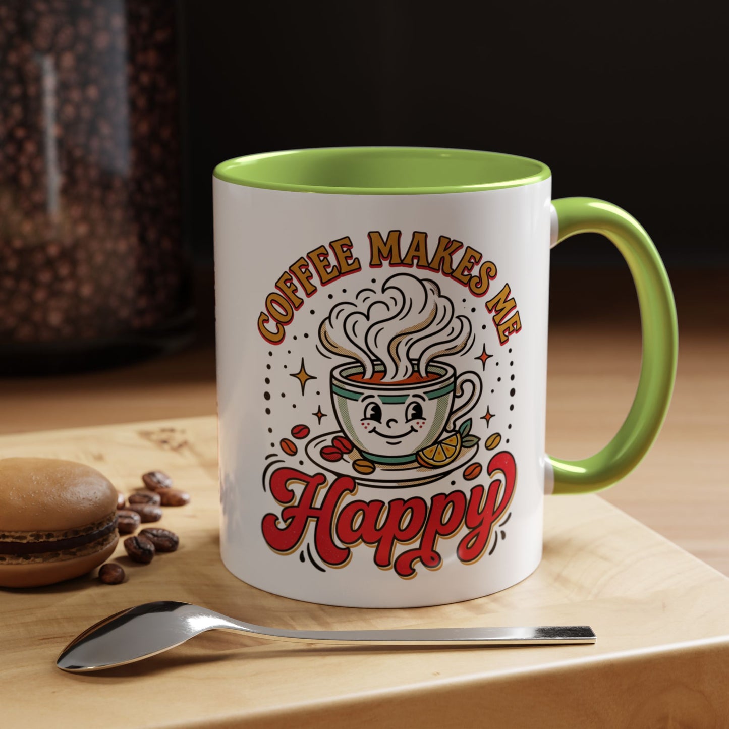 Coffee Mug — "Coffee Makes Me Happy" Cute Retro Accent Mug (11/15oz)