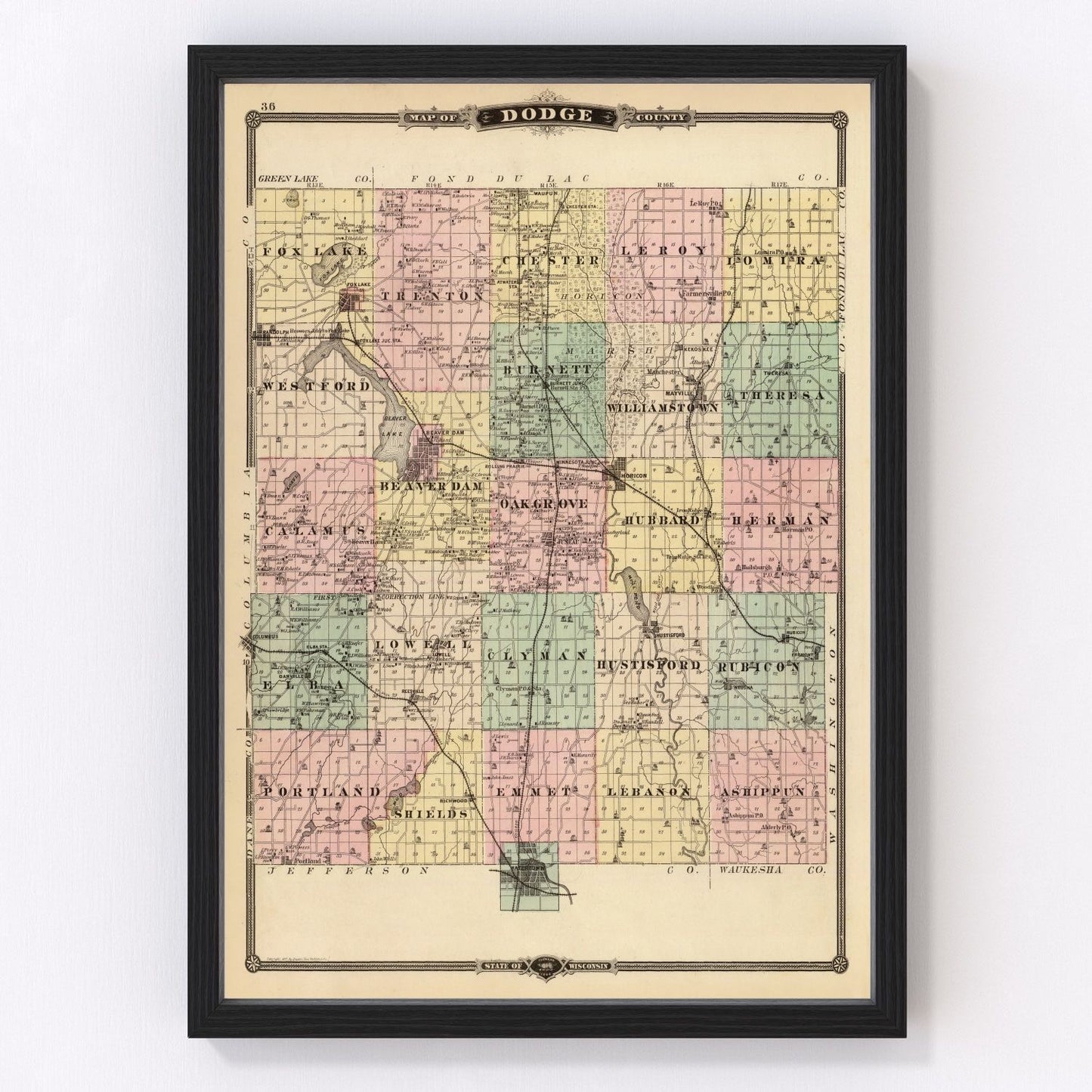 Vintage Map of Dodge County, Wisconsin 1878