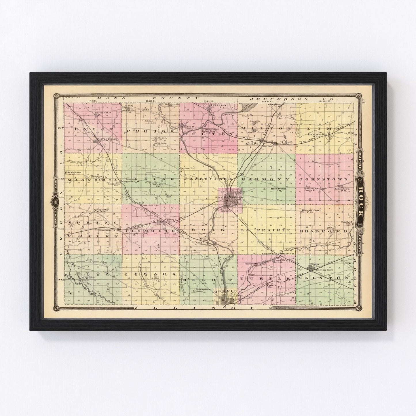 Vintage Map of Rock County, Wisconsin 1878