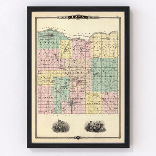 Vintage Map of Iowa County, Wisconsin 1878