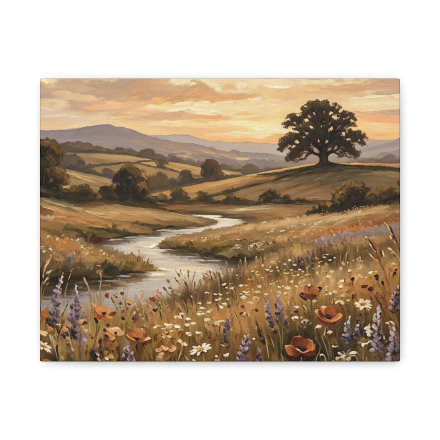 Golden Meadow River Canvas Wall Art — Stretched Matte Print