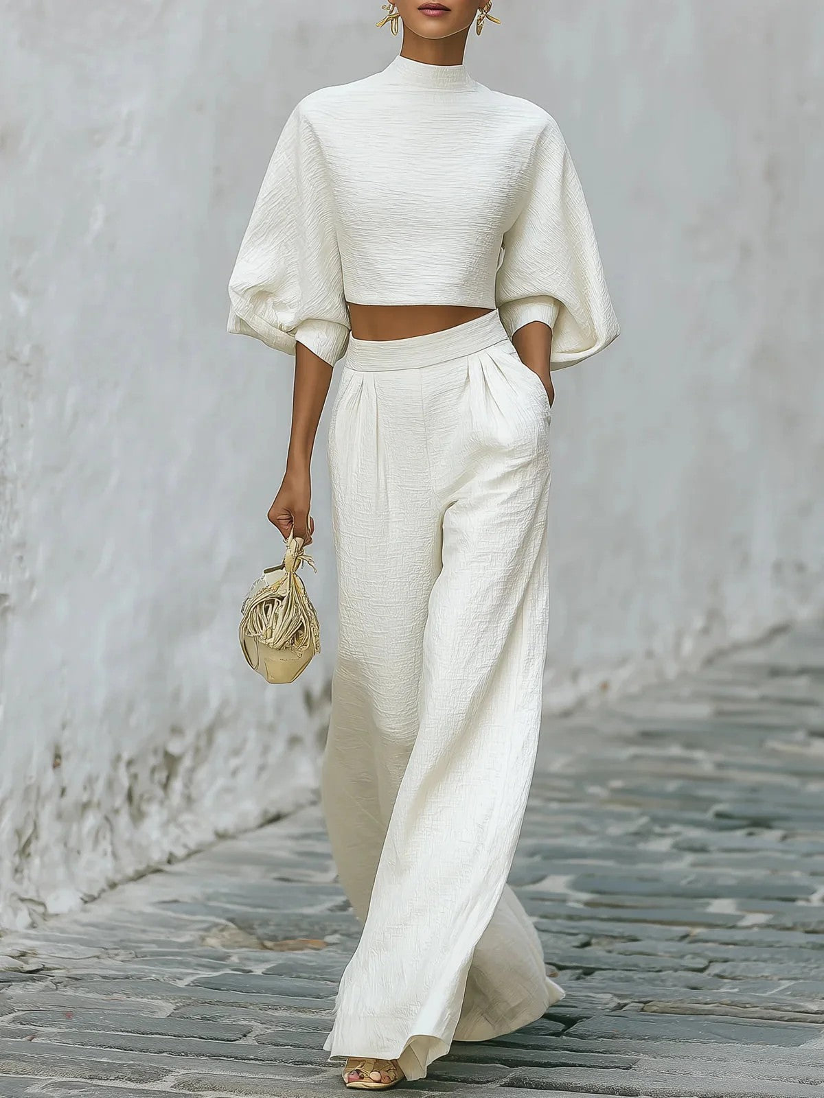 Women’s Short Top & High-Waisted Pants Set – Casual Two-Piece Outfit