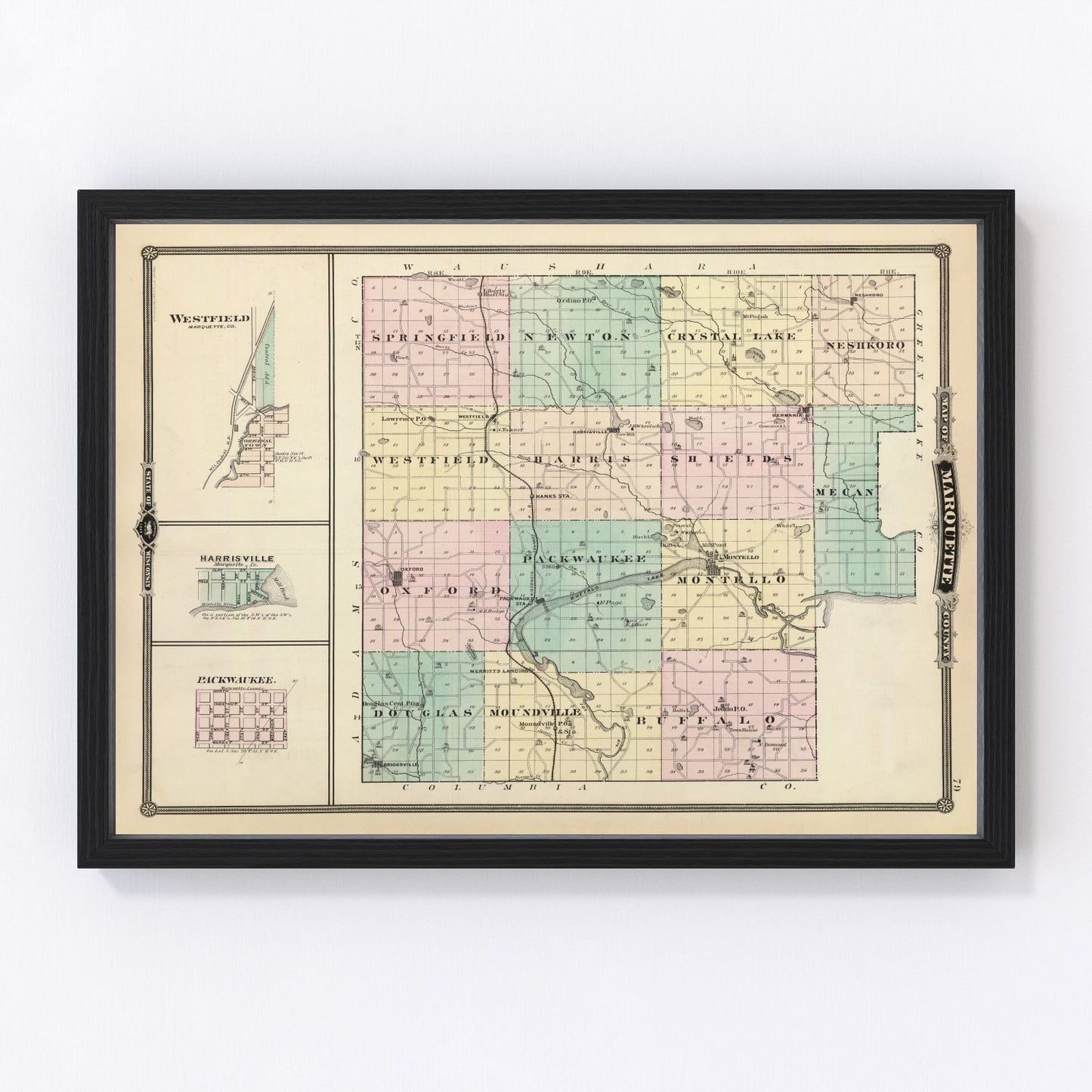 Vintage Map of Marquette County, Wisconsin 1878