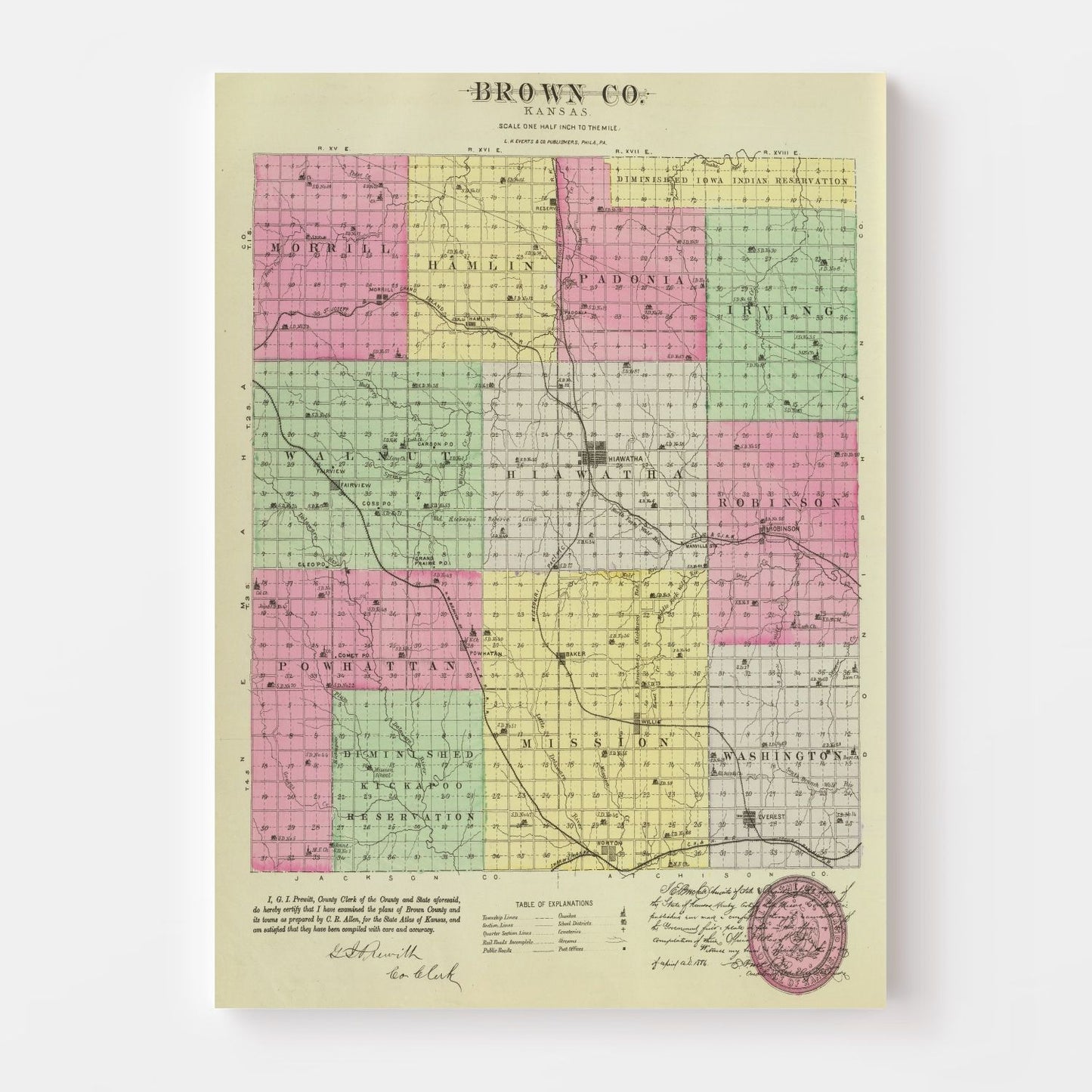 Vintage Map of Brown County, Kansas 1887