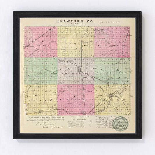 Vintage Map of Crawford County, Kansas 1887