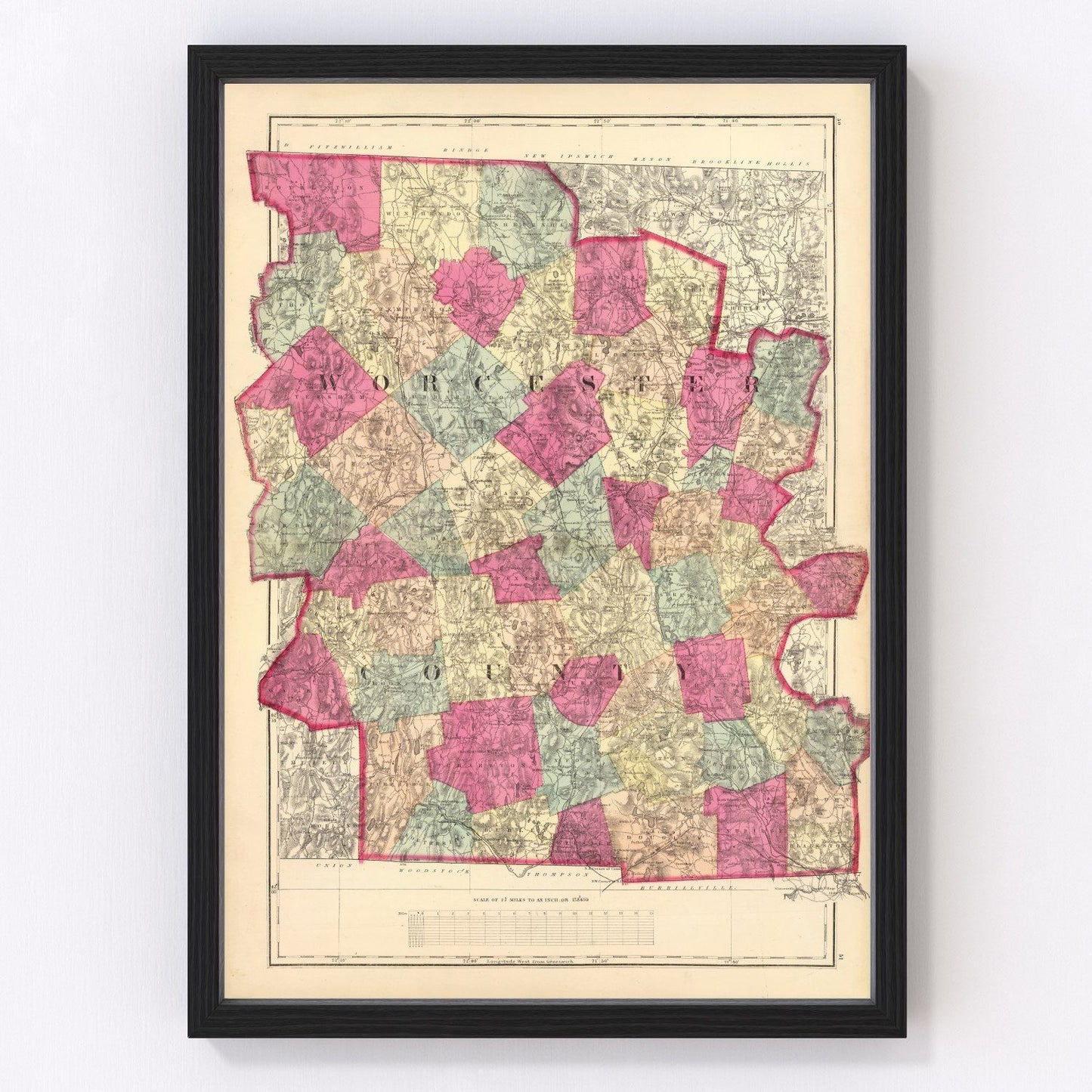 Vintage Map of Worcester County, Massachusetts 1871