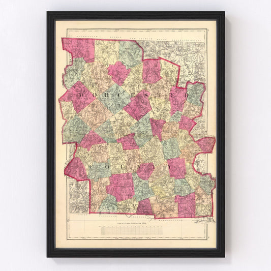 Vintage Map of Worcester County, Massachusetts 1871