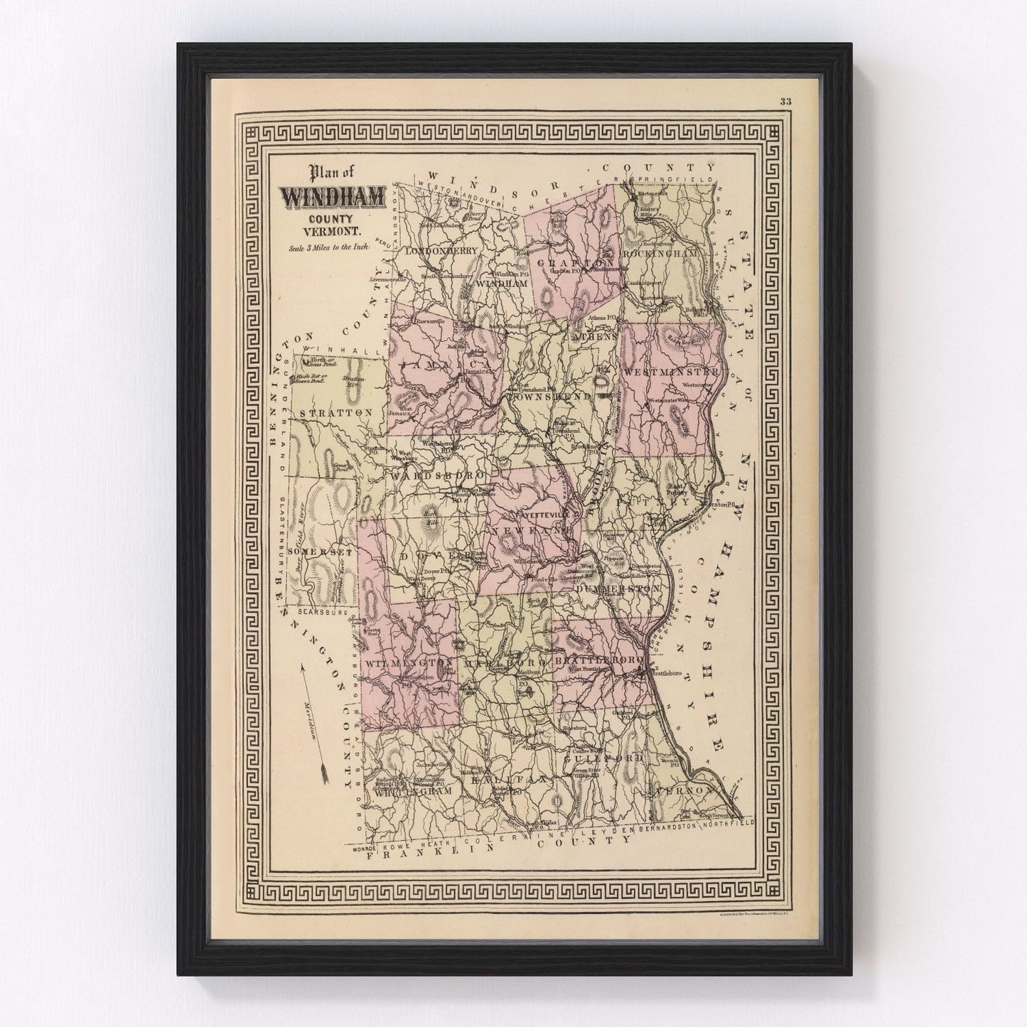 Vintage Map of Windham County, Vermont 1876
