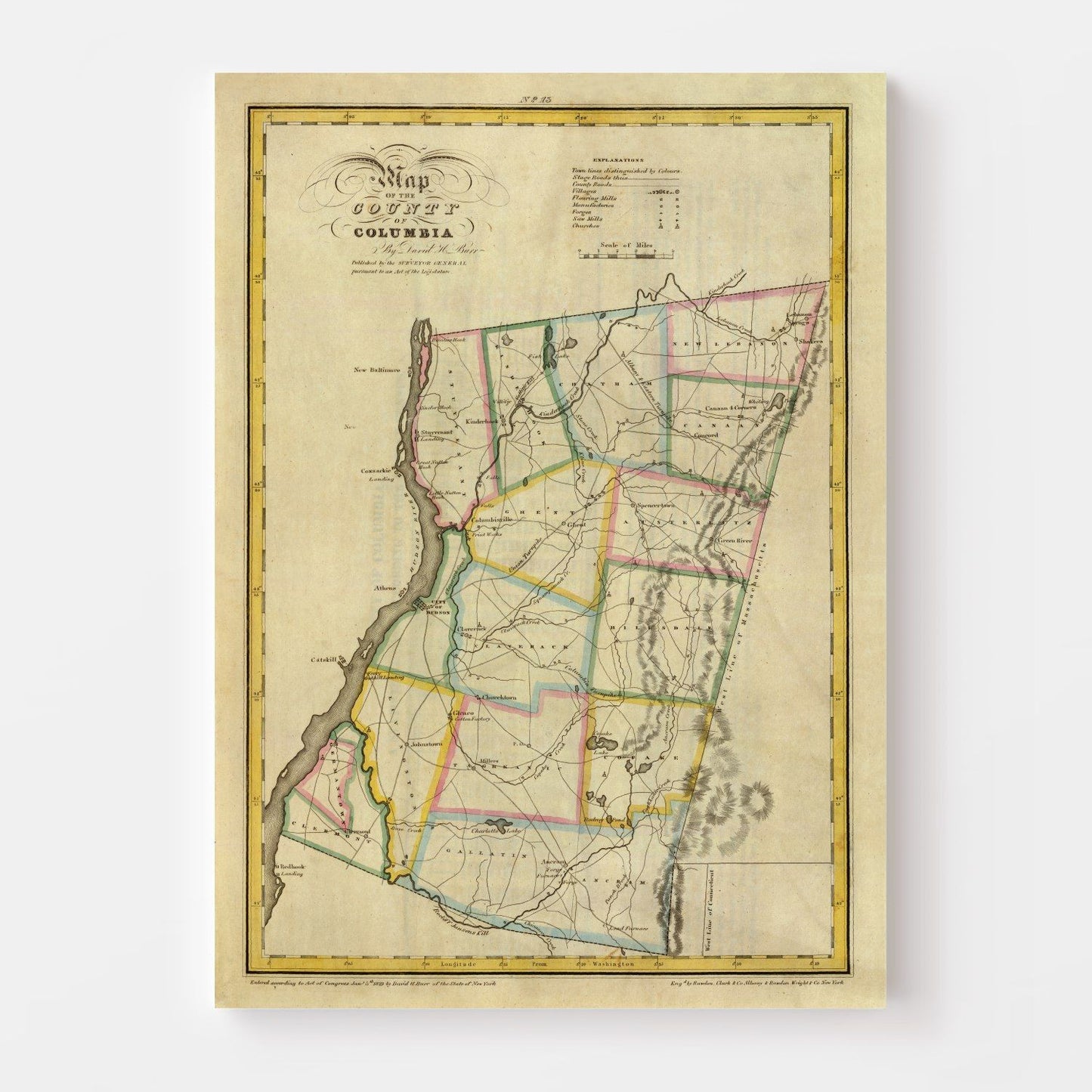 Vintage Map of Columbia County, New York 1829