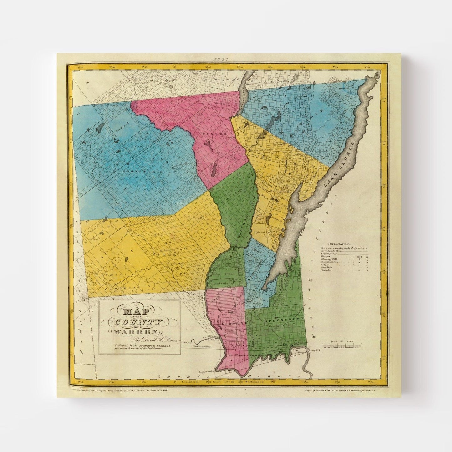 Vintage Map of Warren County, New York 1829