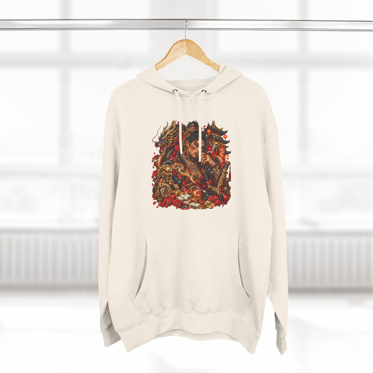 Dragon Battle Hoodie — Three-Panel Fleece Hooded Sweatshirt with Fiery Fantasy Artwork