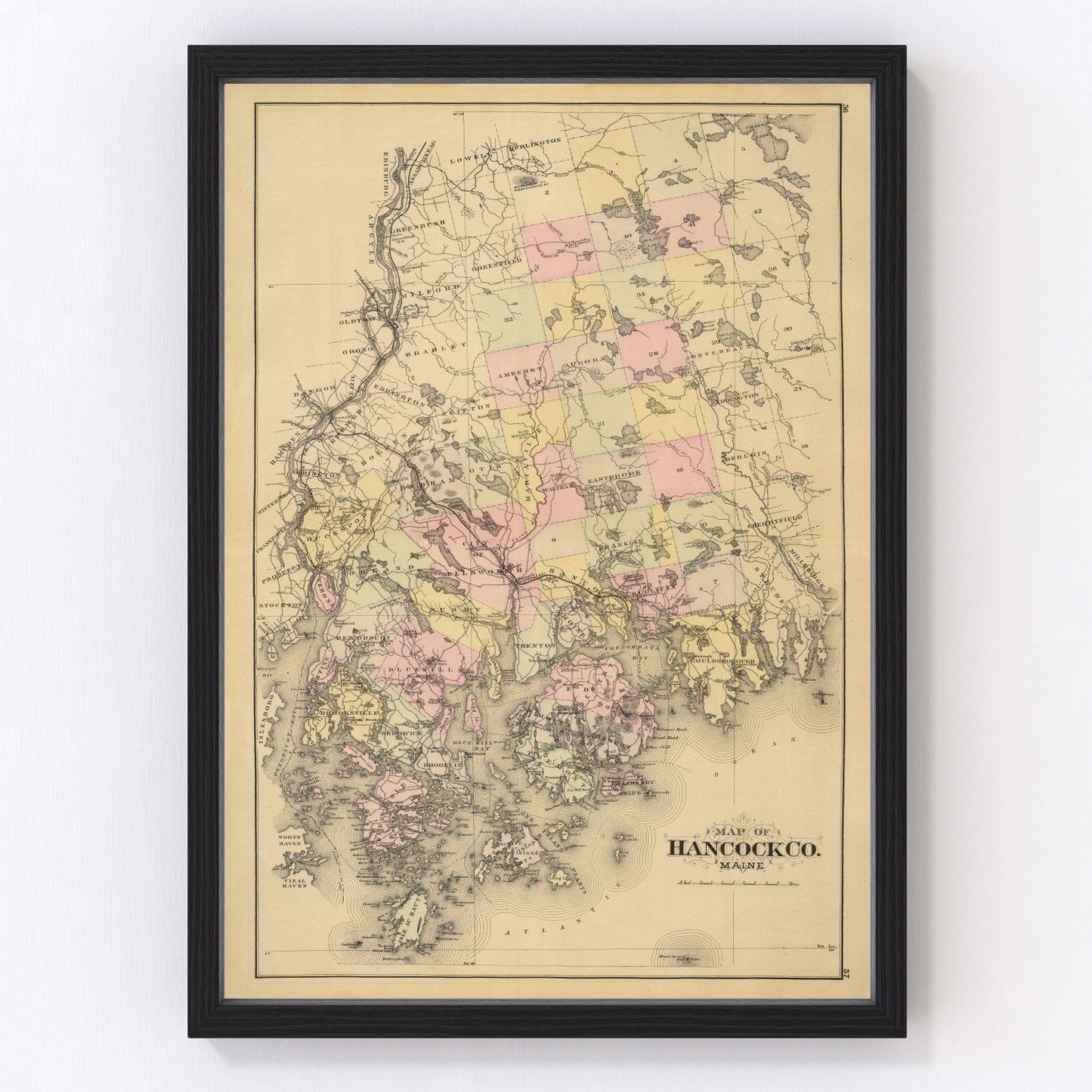 Vintage Map of Hancock County, Maine 1885