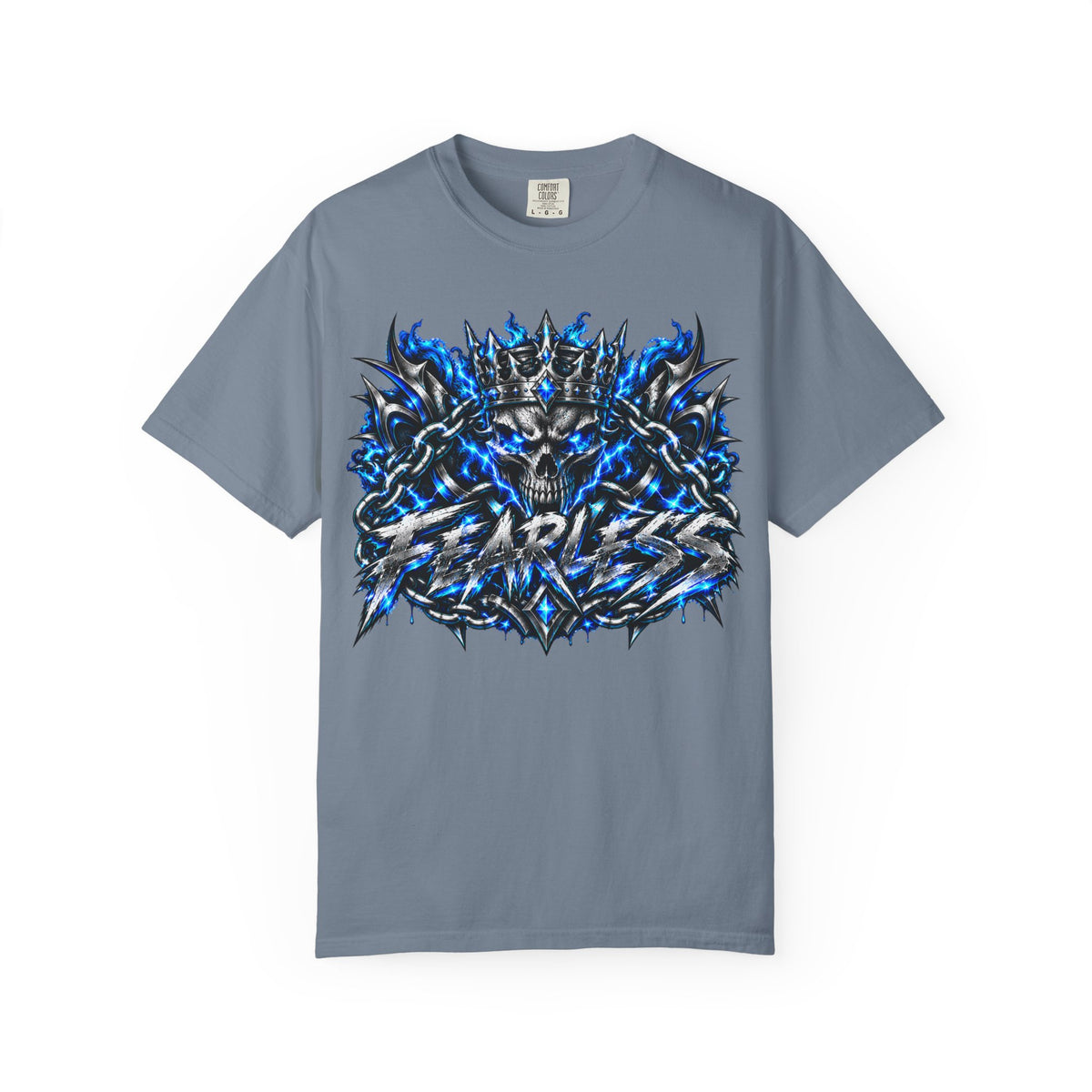 Skull Throne Graphic T-Shirt — Blue Lightning Heavy Metal Tee