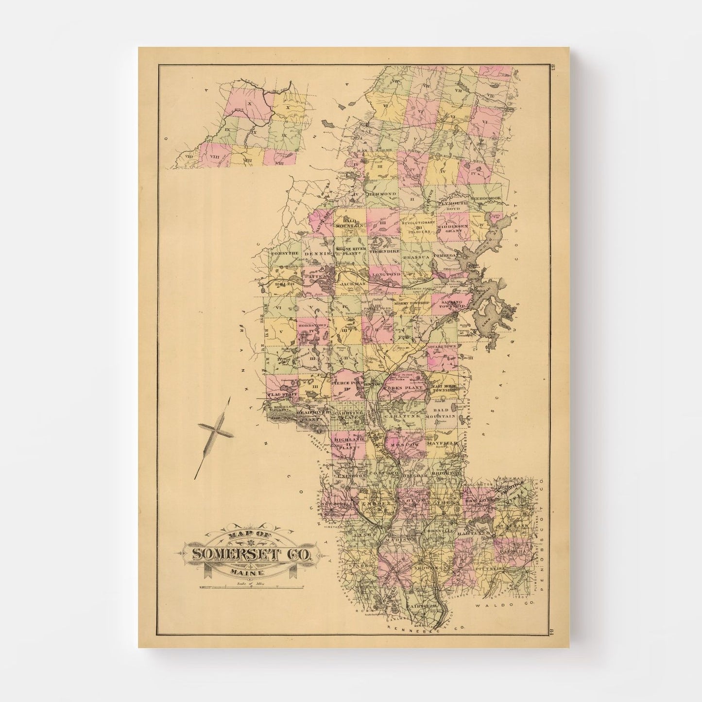 Vintage Map of Somerset County, Maine 1885